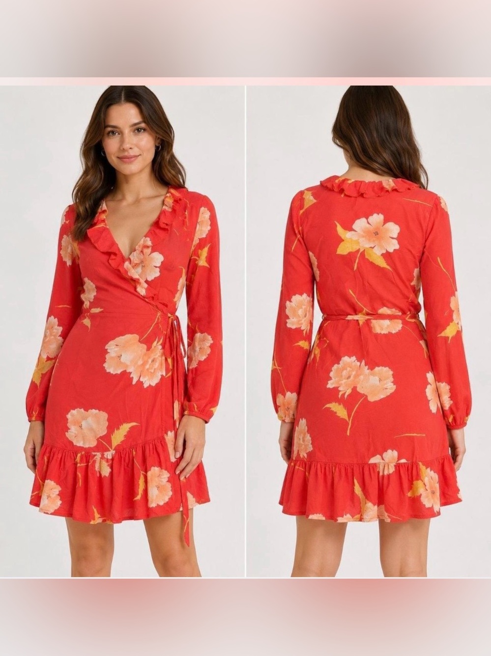 BILLABONG Coral Floral Print Ruffled Crossover Dress Medium